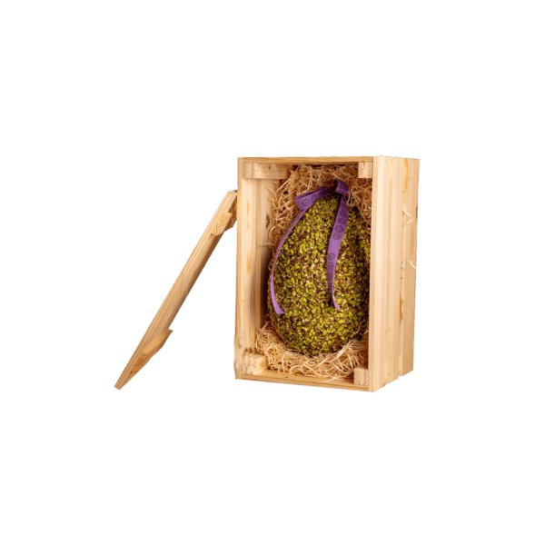 UOVO CIOCCOLATO FONDENTE CON PISTACCHI IN CASSETTA DI LEGNO